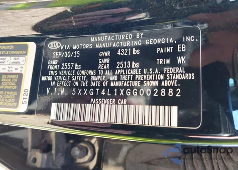 2016 Kia Optima Lx Turbo z USA, uszkodzony, nr VIN 5XXGT4L1XGG002882